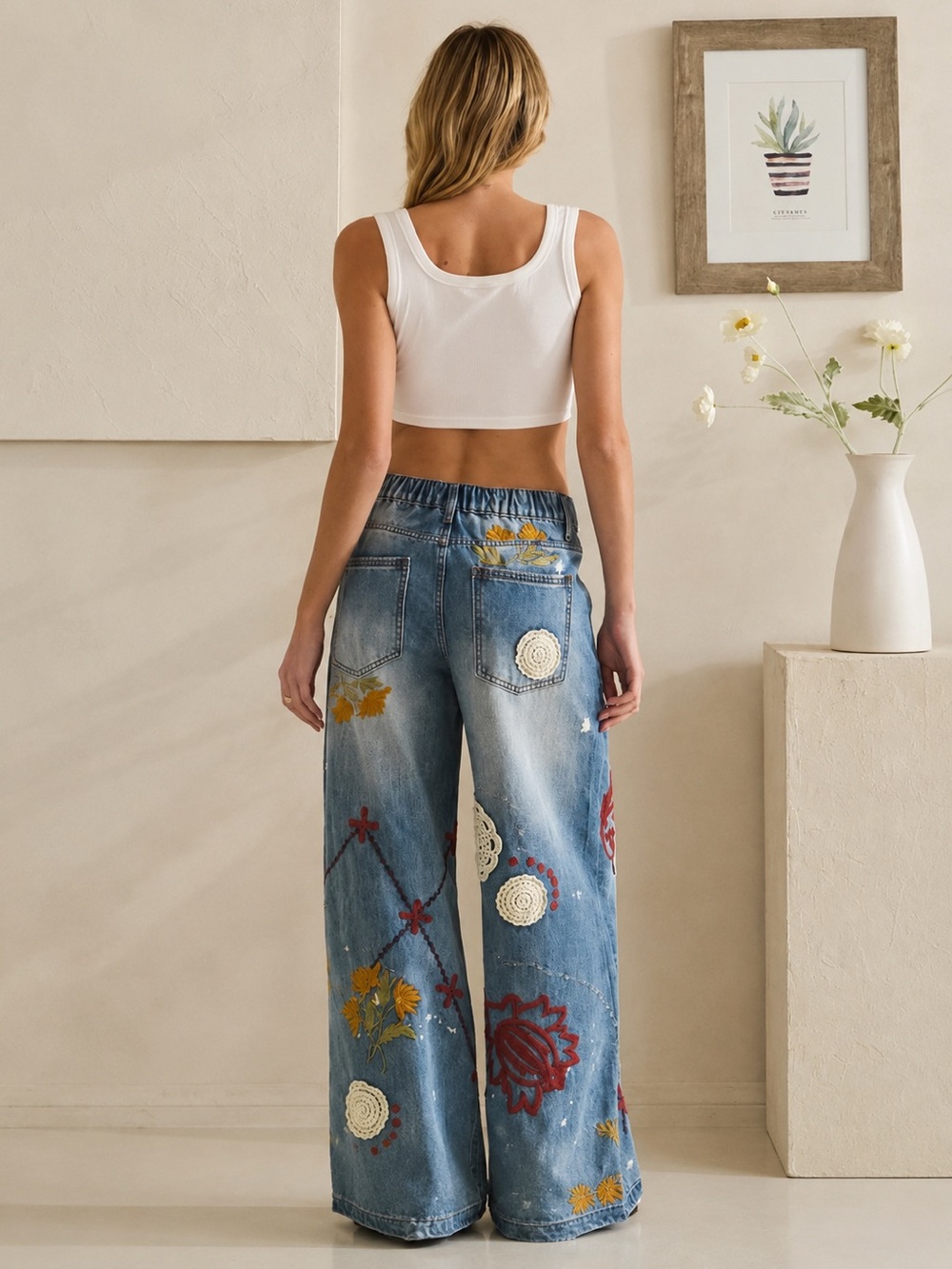 Oli & Hali Denim Wide-Leg Jeans with Cream, Mustard & Red Embroidery Small - Picture 4 of 4